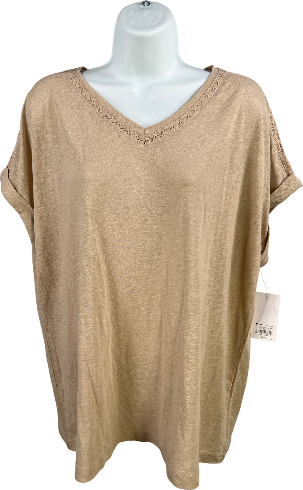 Croft and Barrow Women’s Beige/Brown Linen Cap Sleeve T-Shirt - L