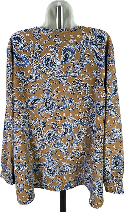 J.Jill. Women’s Brown/Blue Paisley Long Sleeve V-Neck Blouse - Plus 2X