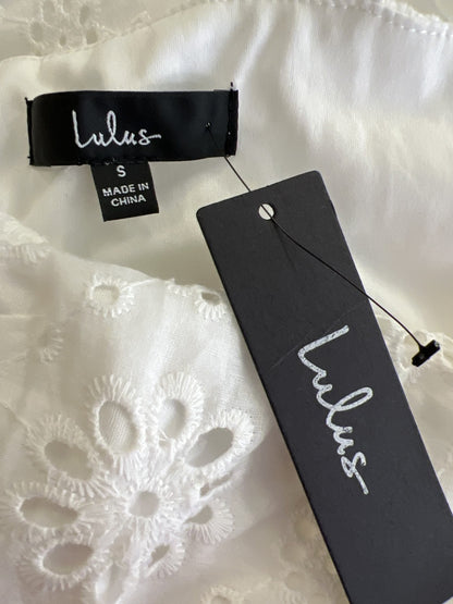 NEW Lulu’s Women’s White Tie Strap. Sleeveless Eyelet Midi Dress - S