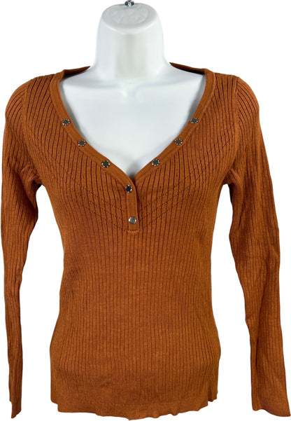White House Black Market Women’s Brown Long Sleeve Ribbed V-Neck Sweater - XS