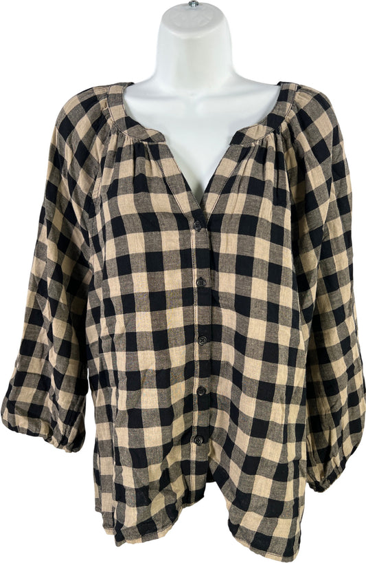 Beach Lunch Lounge Women’s Black/Beige Molly Checkered 3/4 Sleeve Blouse - L