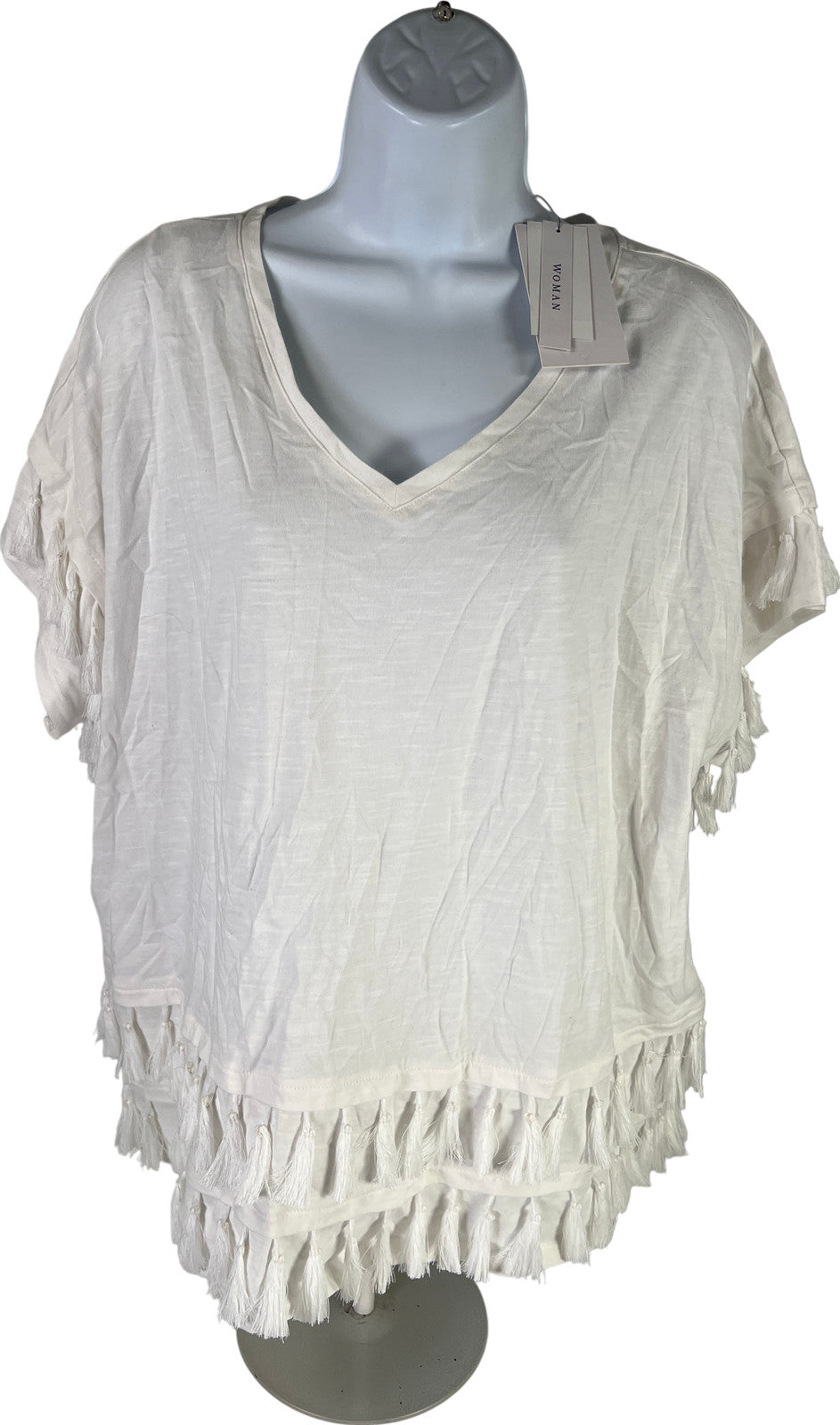NEW For The Republic Women’s White Tassel Short Sleeve T-Shirt - Plus 1X
