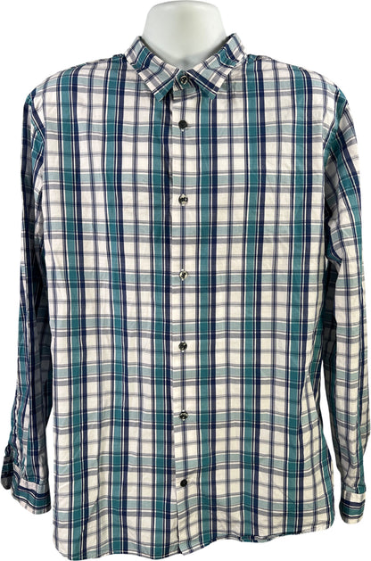 Vince Men’s White/Blue Plaid Long Sleeve Button Up Shirt - XXL