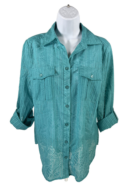Chico's Women's Blue Semi Sheer Roll Sleeve Button Up Shirt - 1/US M