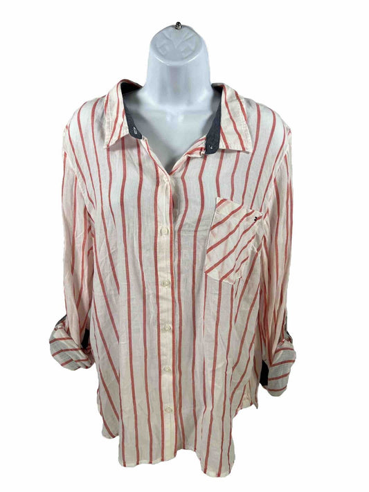 NEW Tommy Hilfiger Women's Red Striped Summer Cotton Button Up Shirt - XL