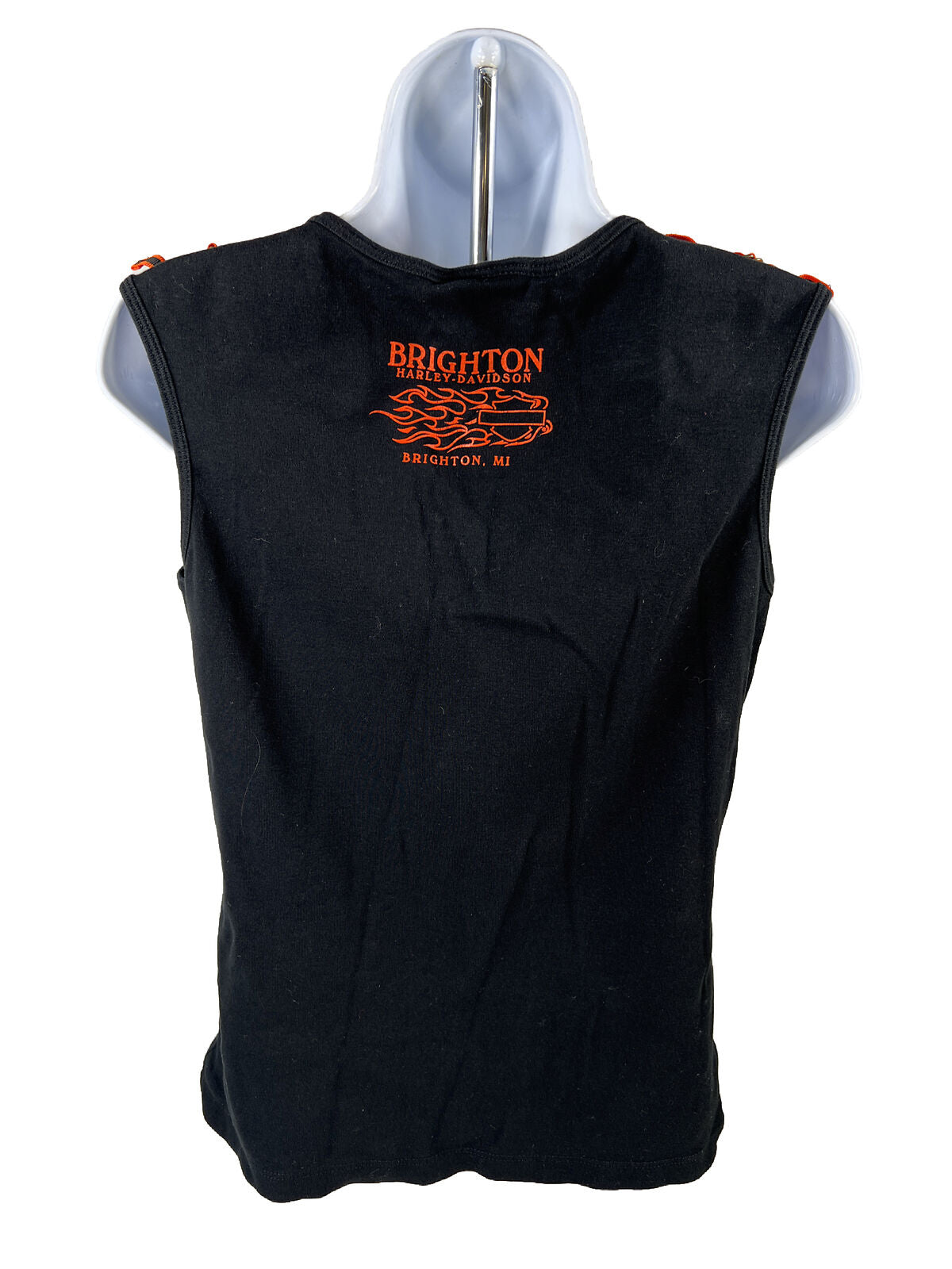 Harley Davidson Women's Black/Orange Sleeveless Brighton MI Tank Top - L