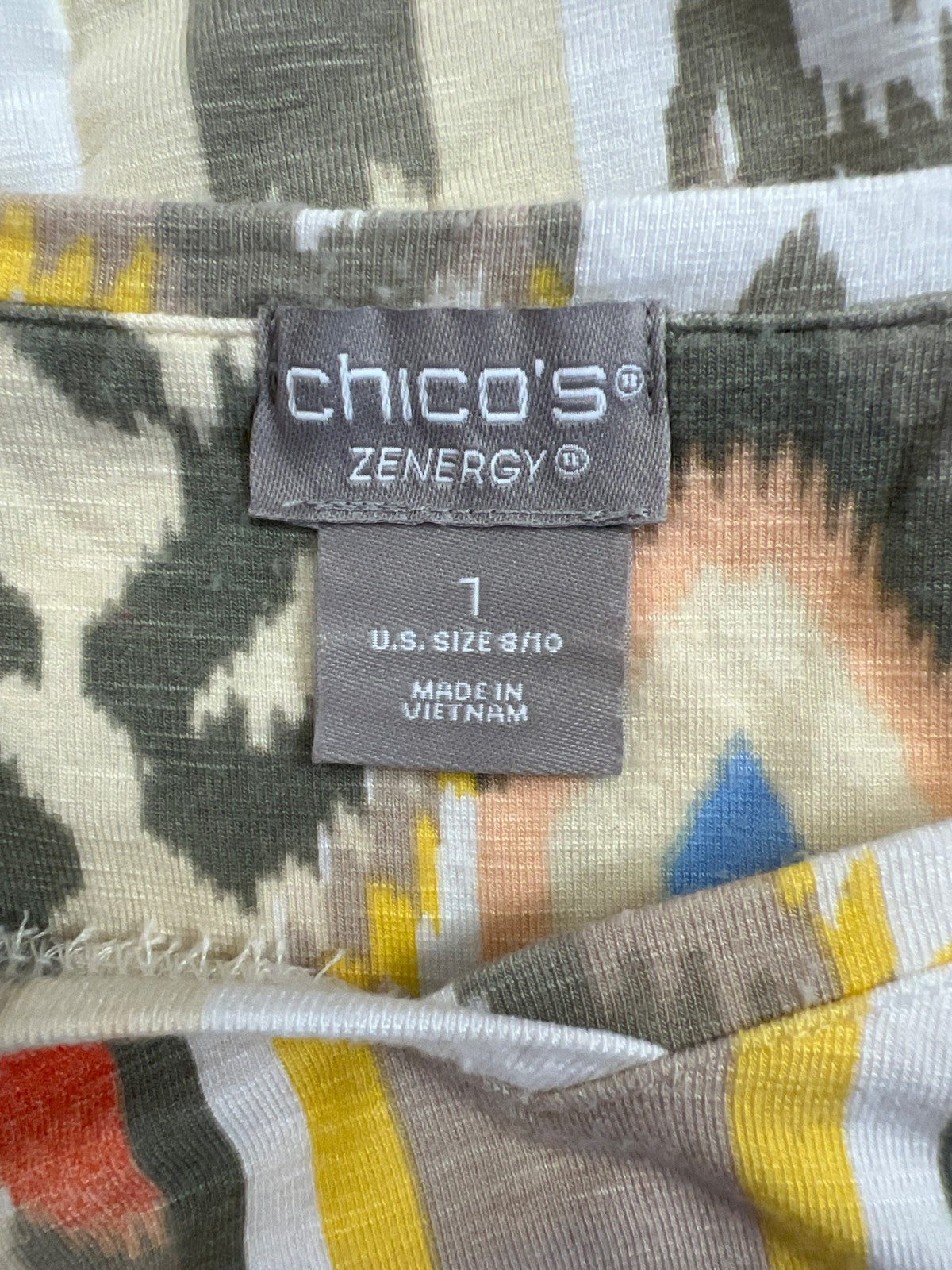 Chico’s Zenergy Women’s Yellow/White 3/4 Sleeve V-Neck Shirt - 1/US 8