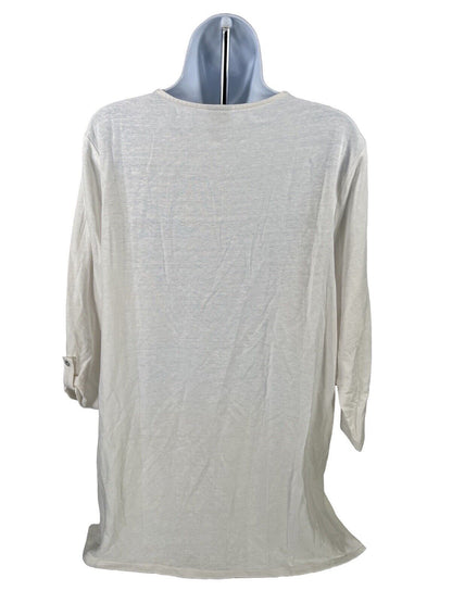 Chicos Women's White Linen 3/4 Sleeve Embroidered Tunic Shirt - 2/L