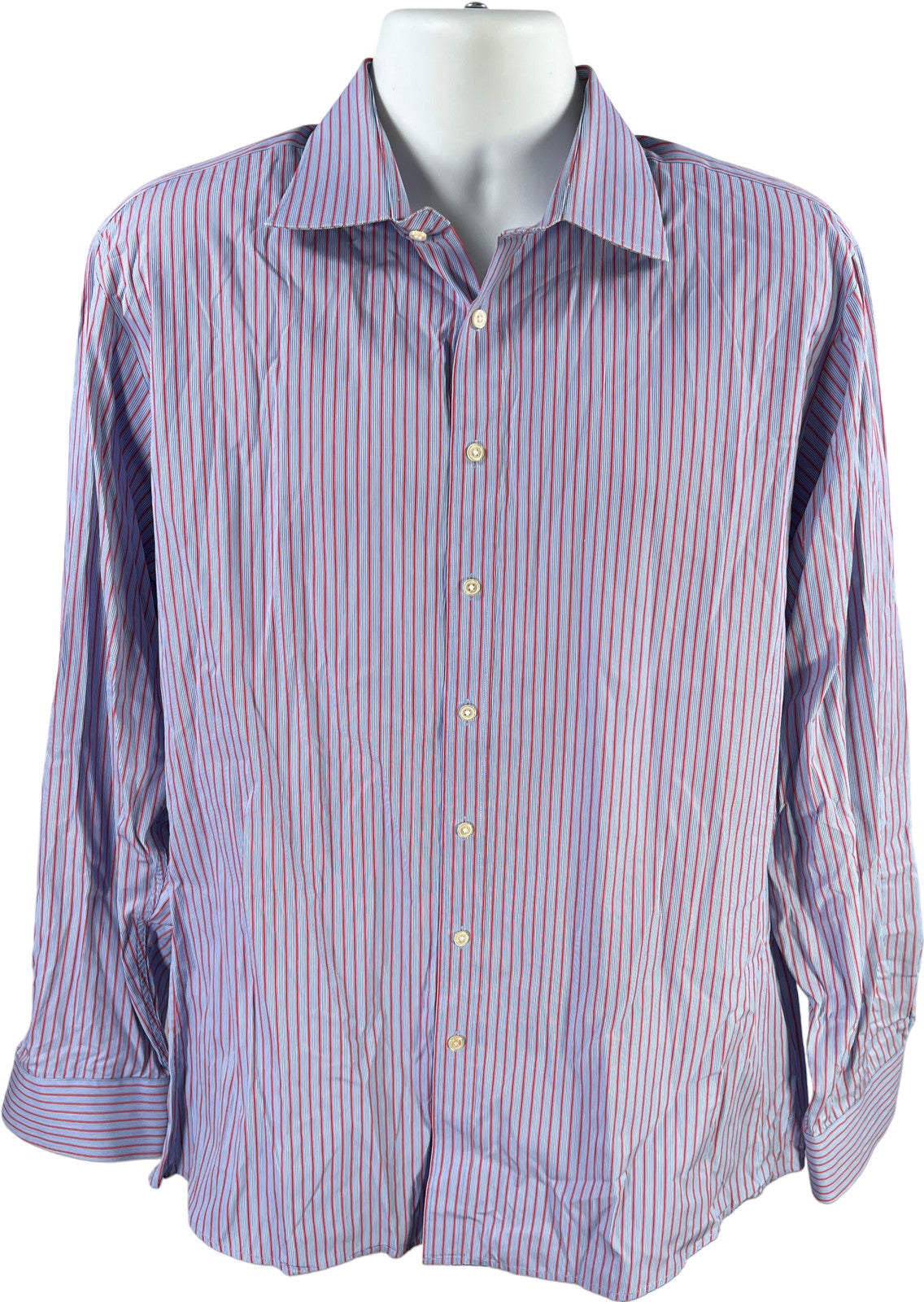 Thomas Pink Men’s Blue/Red Striped Slim Fit Button Up Dress Shirt - 17.5