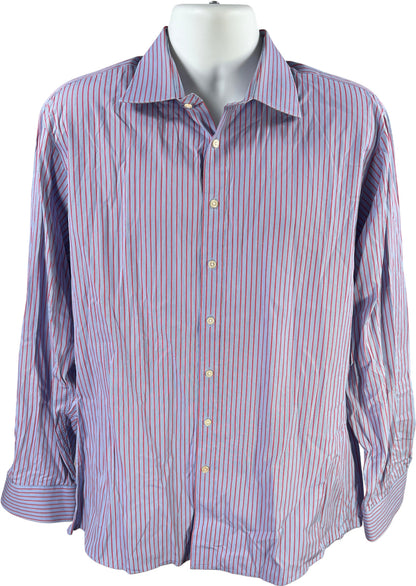 Thomas Pink Men’s Blue/Red Striped Slim Fit Button Up Dress Shirt - 17.5