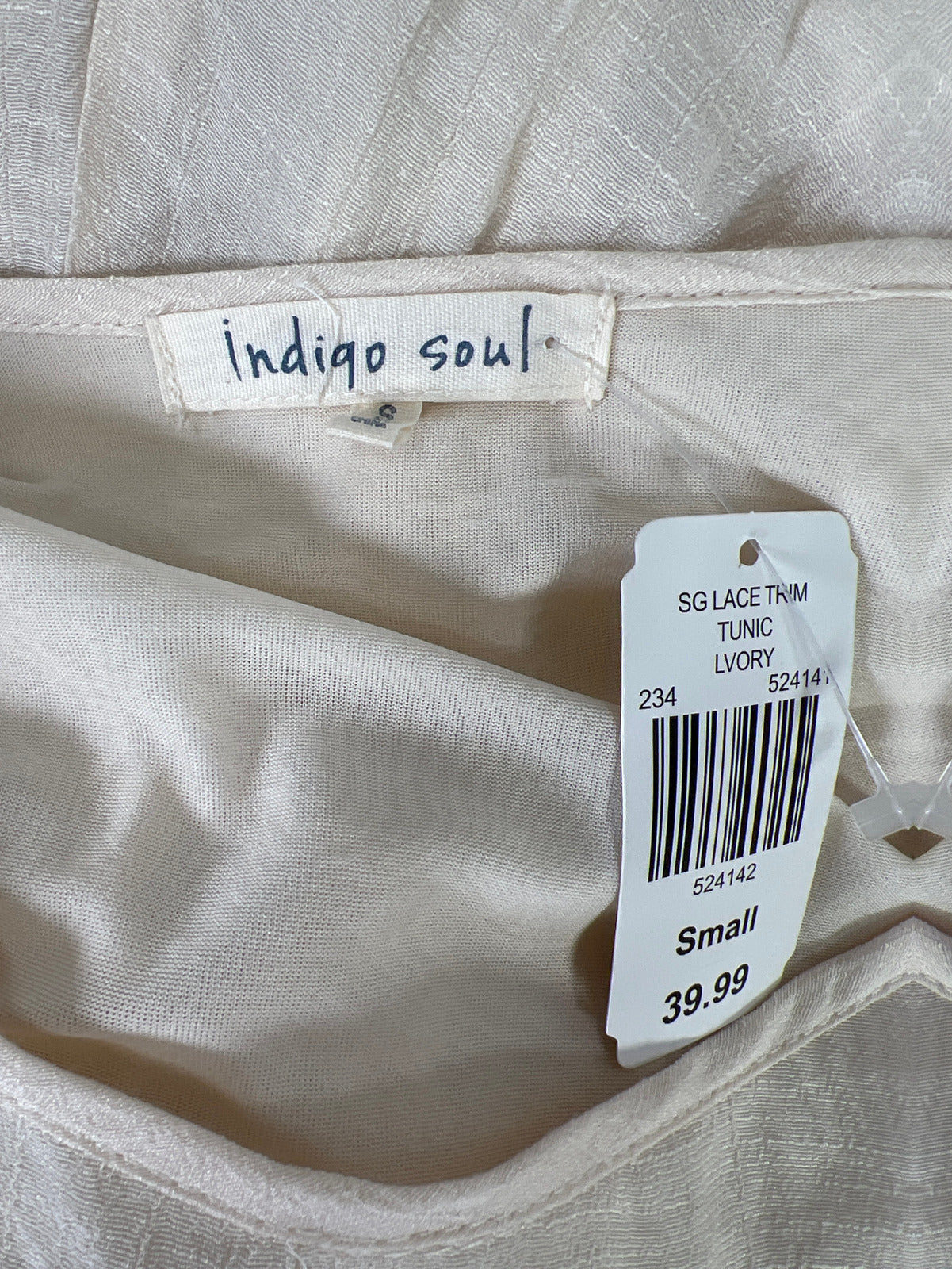 NEW Indigo Soul Women’s Beige Lace Trim 3/4 Sleeve Tunic Blouse - S