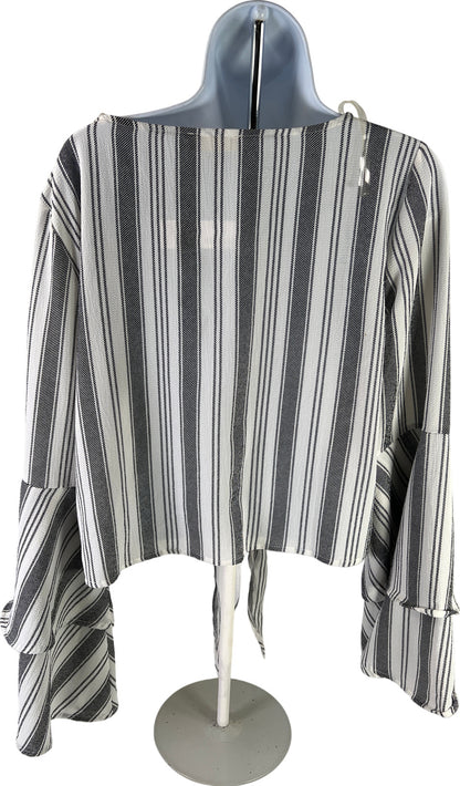 NEW Altar’d State Women’s White/Black Striped Bell Sleeve Tie Front Blouse - L