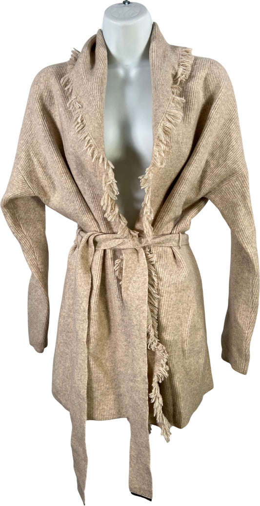 White House Black Market Women’s Beige Fringe Trim Wrap Sweater - S