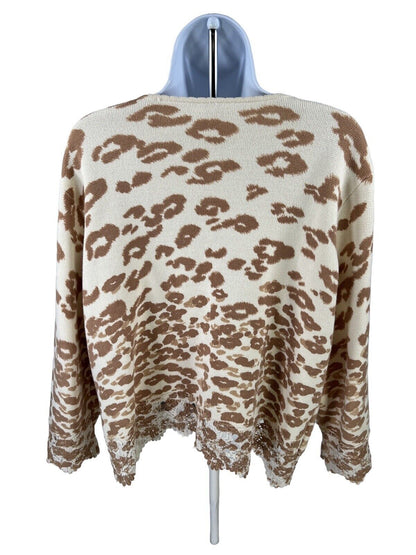 Chico's Womens Beige Cheeta Lace Hem 3/4 Sleeve Cardigan Sweater -3/US XL