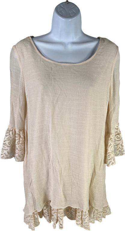 NEW Indigo Soul Women’s Beige Lace Trim 3/4 Sleeve Tunic Blouse - S