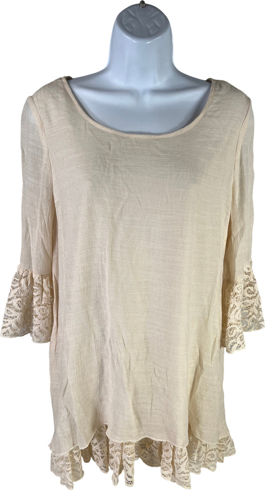 NEW Indigo Soul Women’s Beige Lace Trim 3/4 Sleeve Tunic Blouse - S