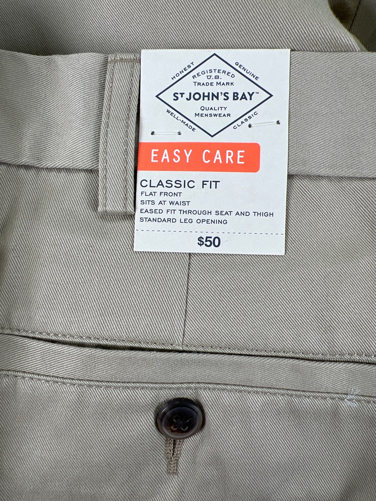 St.Johns Bay Men’s Beige Classic Fit Flat Front Khaki Pants - 36x29