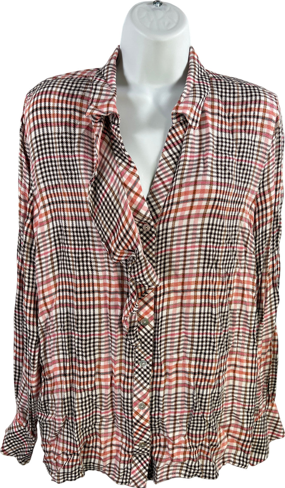 J.Jill Women’s Pink/Black Plaid Long Sleeve Button Up Ruffle Front Blouse - M