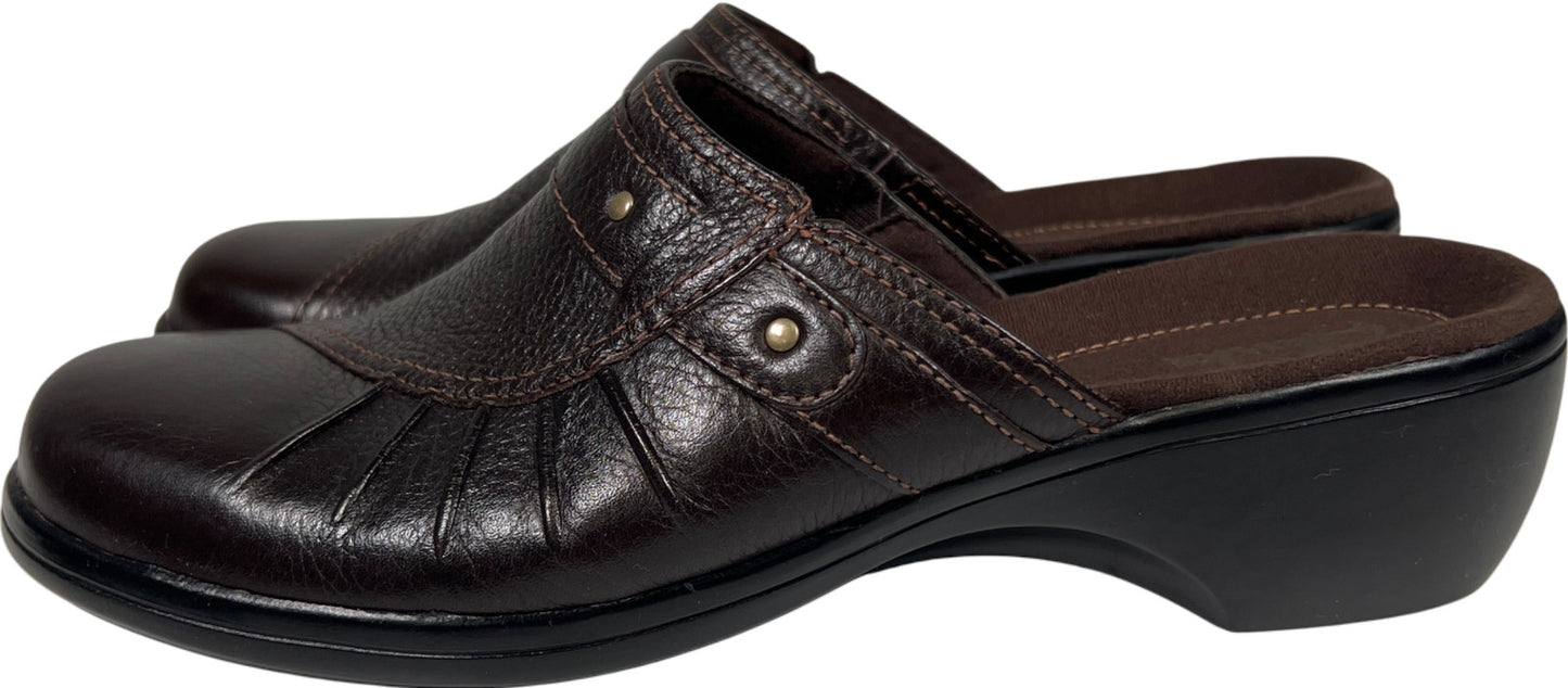 Clarks Women’s Brown Leather Slip On Clogs - 8
