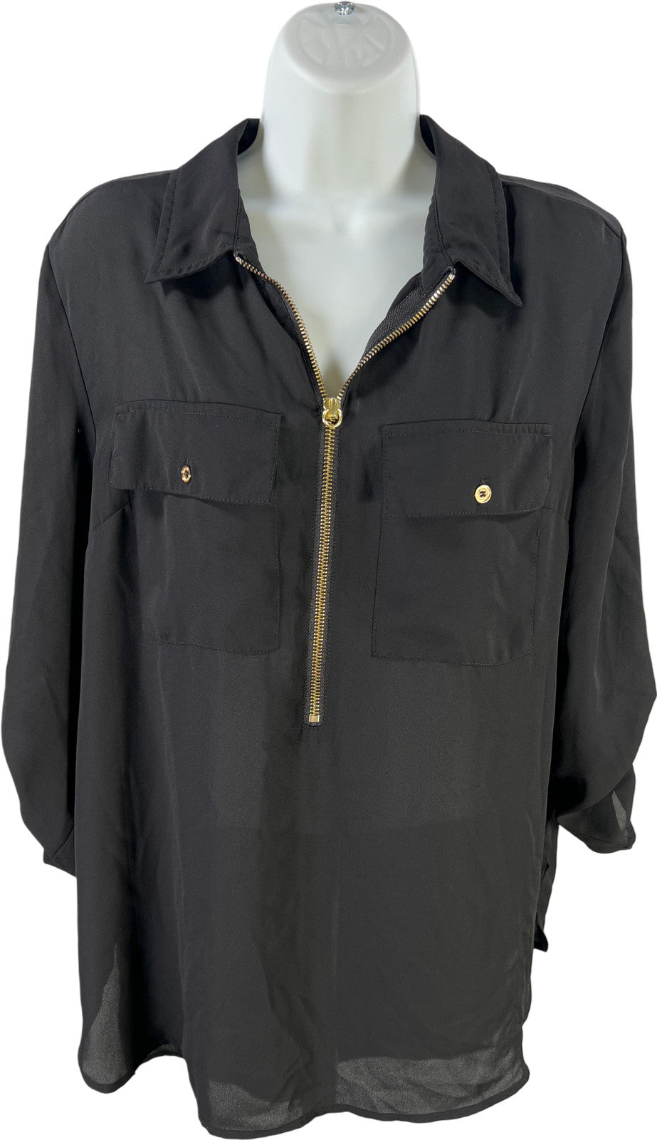 Michael Kors Women’s Black Semi Sheer 1/2 Zip Pullover Roll Sleeve Blouse - L