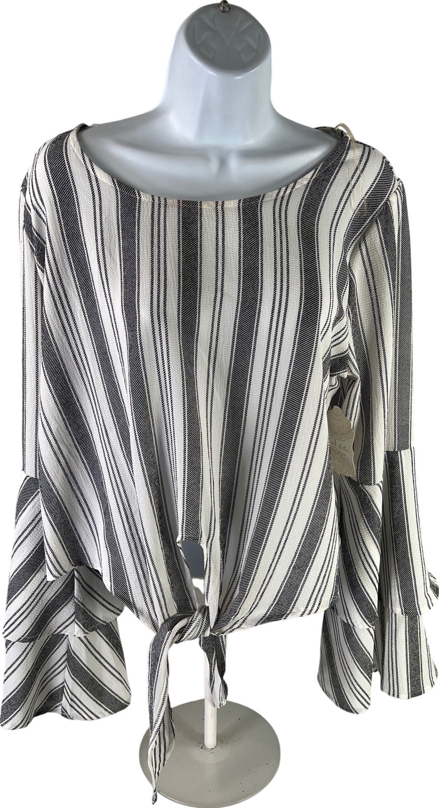 NEW Altar’d State Women’s White/Black Striped Bell Sleeve Tie Front Blouse - L