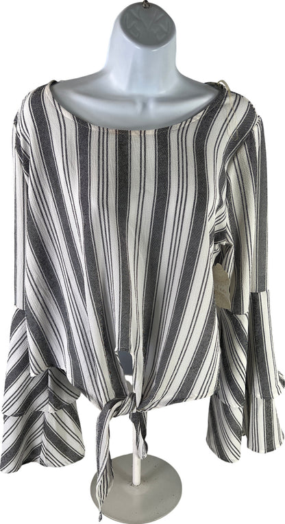 NEW Altar’d State Women’s White/Black Striped Bell Sleeve Tie Front Blouse - L
