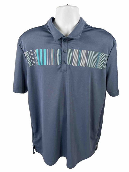 adidas Men's Blue Vertical Striped Short Sleeve Golf Polo Shirt - XL