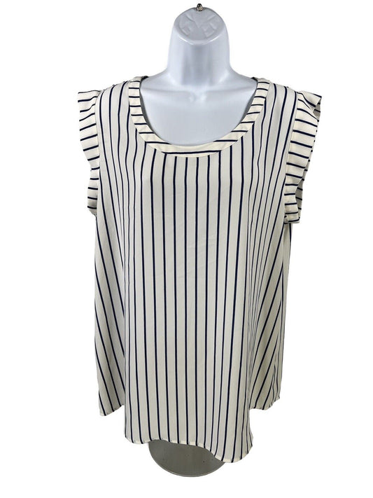 NEW Pleione Women's White Striped Cap Sleeve Sheer Blouse - L