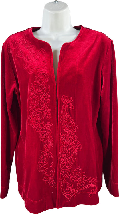 Chico’s Women’s Red Velour Embroidered Long Sleeve One Hook Jacket - 1/US M