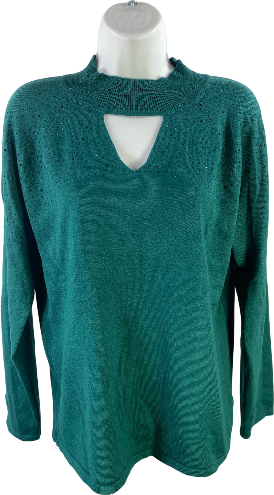 Cable and Gauge Women’s Green Rhinestone Keyhole Front Long Sleeve Shirt - L