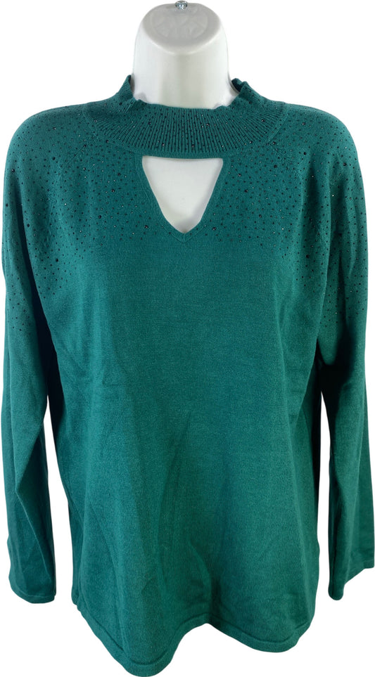 Cable and Gauge Women’s Green Rhinestone Keyhole Front Long Sleeve Shirt - L