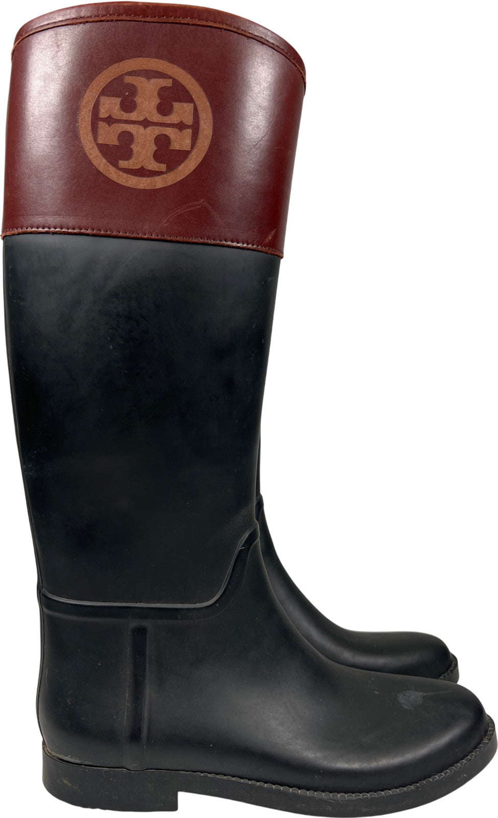 Tory Burch Women’s Black/Brown Classic Leather Cuff Diana Tall Rain Boots - 10B