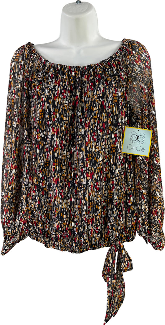 CeCe Women’s Blue/Red Long Sheer Sleeve Tie Front Blouse - M