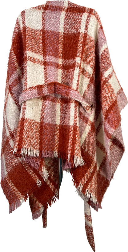 Max Studio Women’s Brick Red/White Plaid Poncho Sweater - One Size