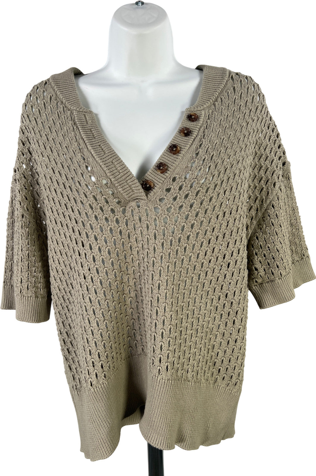 Varley Women’s Green Short Sleeve Open Knit V-Neck Sweater - L