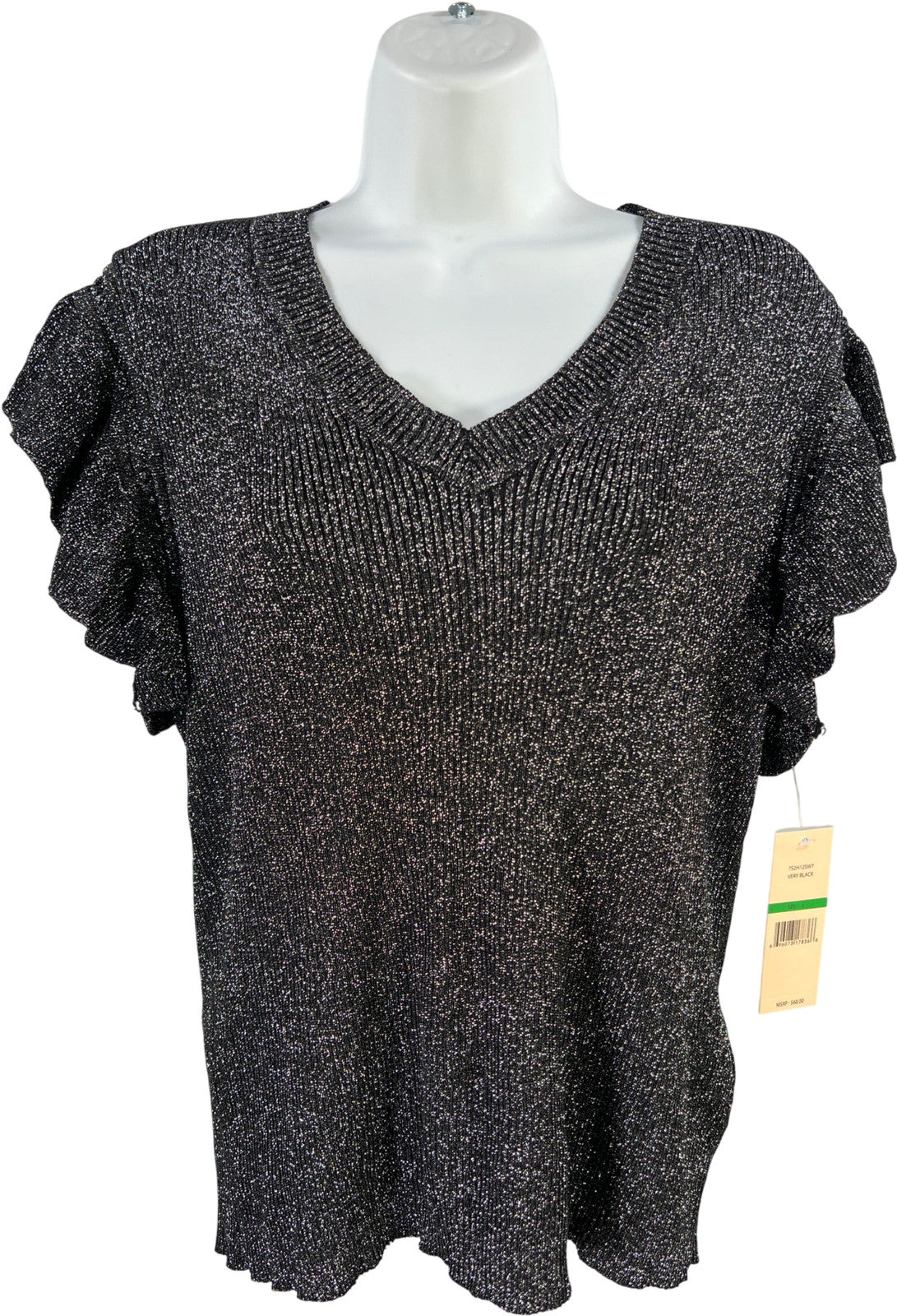 Nanette Lepore Women’s Black Metallic Ruffle Trim Sleeveless Sweater - L