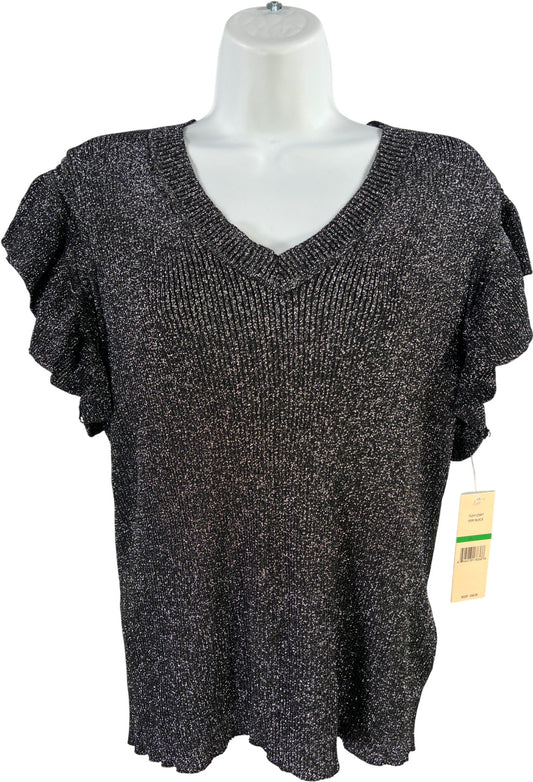 Nanette Lepore Women’s Black Metallic Ruffle Trim Sleeveless Sweater - L