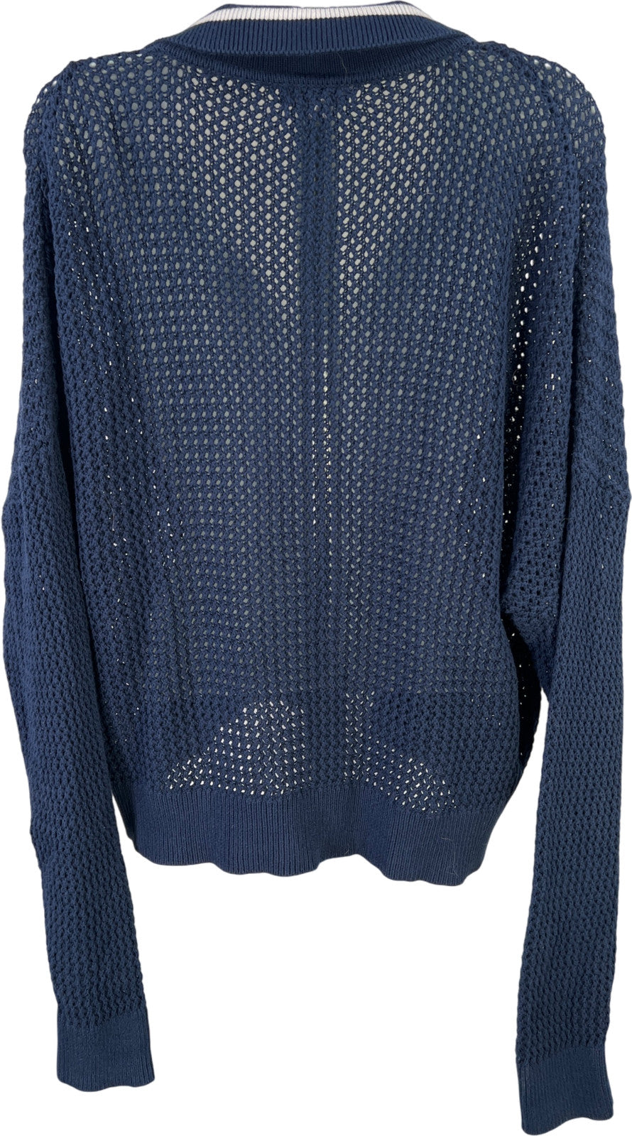 525 Women’s Blue Open Knit Collared Cropped Long Sleeve Sweater - L