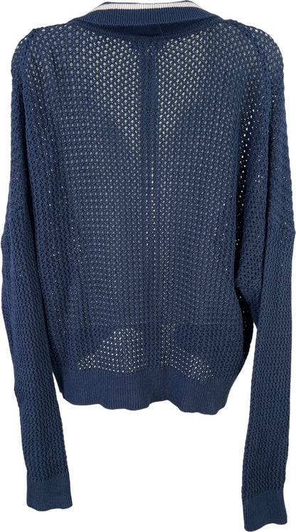 525 Women’s Blue Open Knit Collared Cropped Long Sleeve Sweater - L