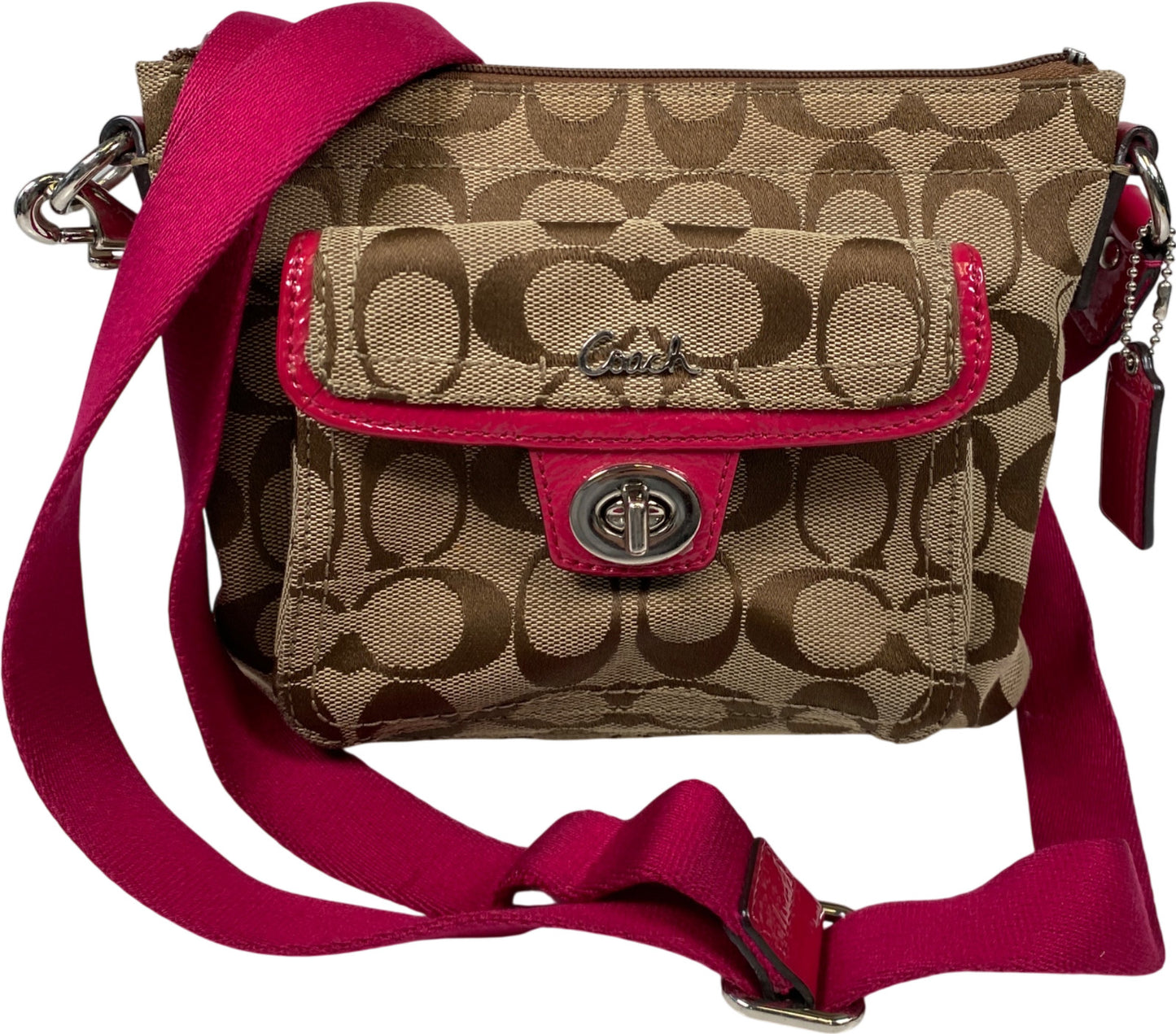 Coach Women’s Beige Khaki Signature Pink Trim Small Crossbody Purse