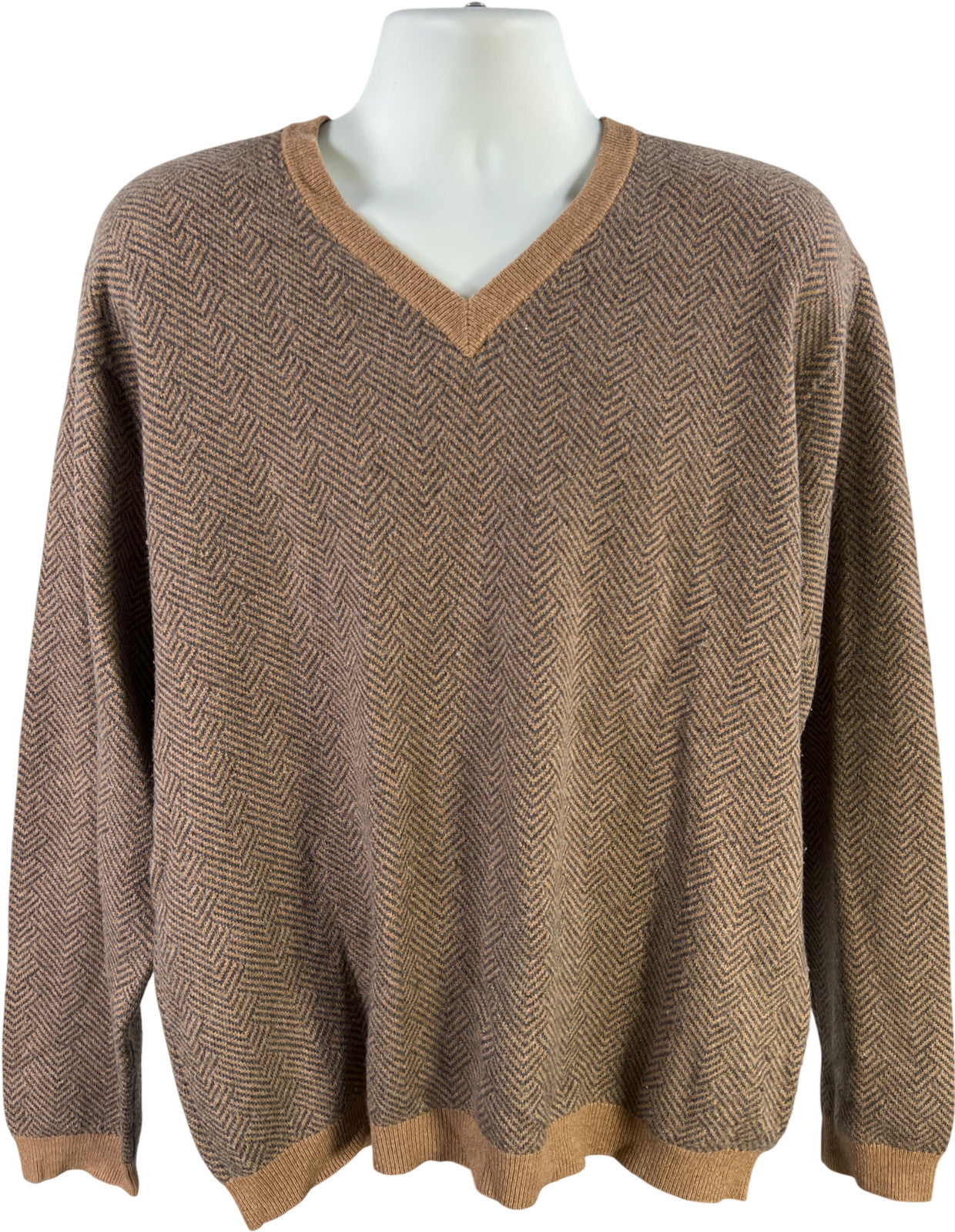 Orvis Men’s Brown/Gray Long Sleeve Pullover Cashmere V-Neck Sweater - L