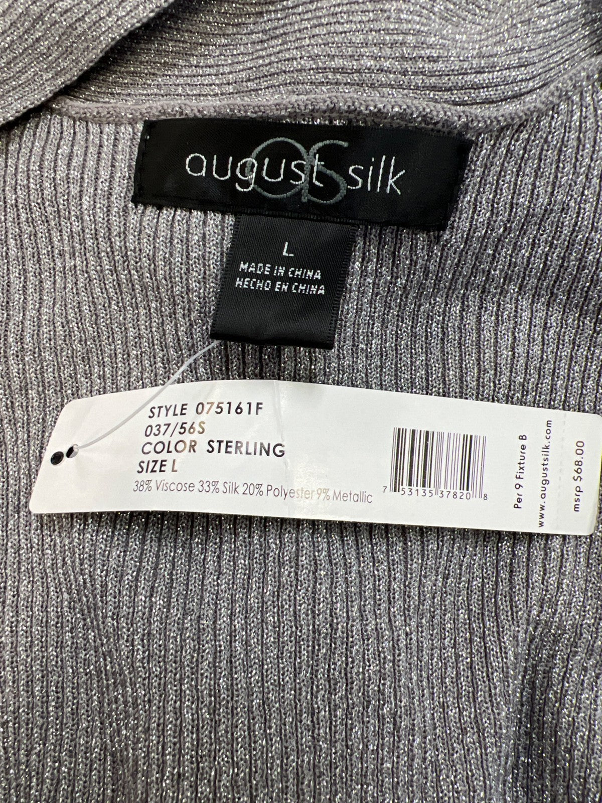 August Silk Women’s Gray Metallic Ribbed 3/4 Sleeve Cardigan Sweater - L