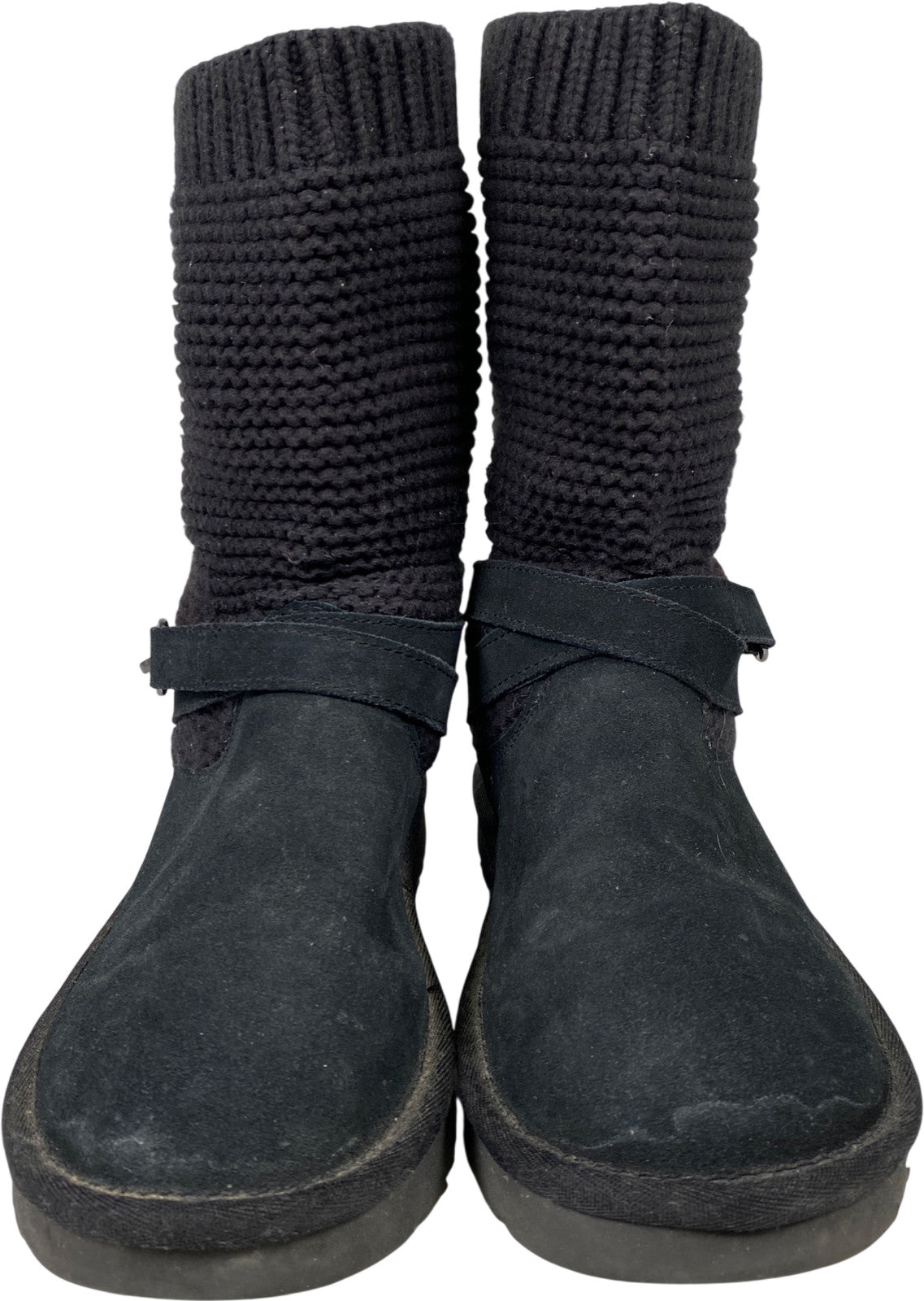 UGG Women’s Black Knit Purl Strap Twinface Short Boots - 6