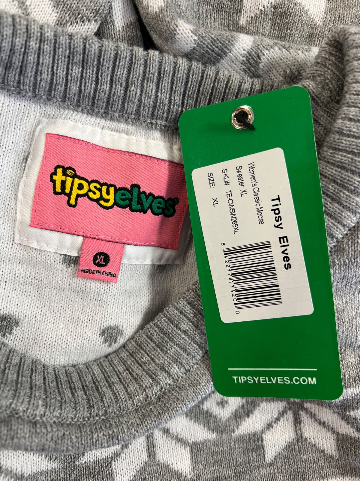 TipsyElves Women’s Gray Classic Moose Holiday Christmas Sweater - XL