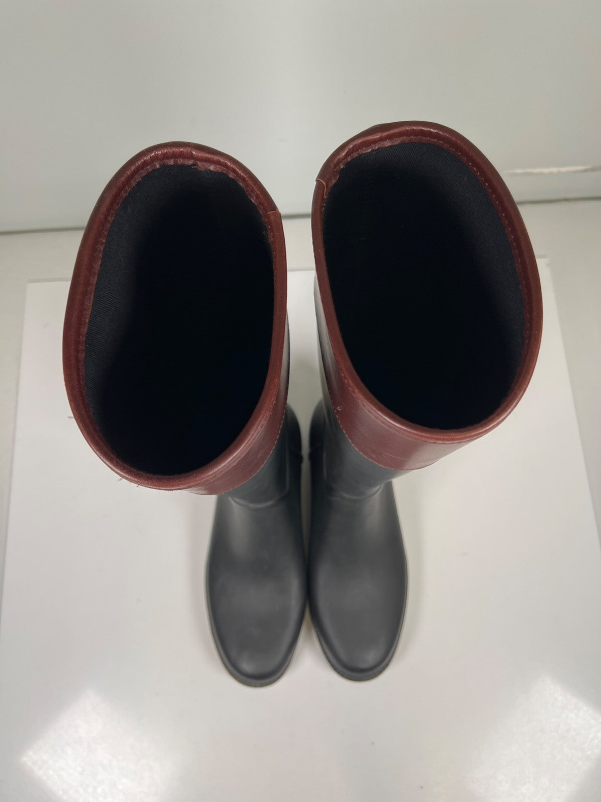 Tory Burch Women’s Black/Brown Classic Leather Cuff Diana Tall Rain Boots - 10B