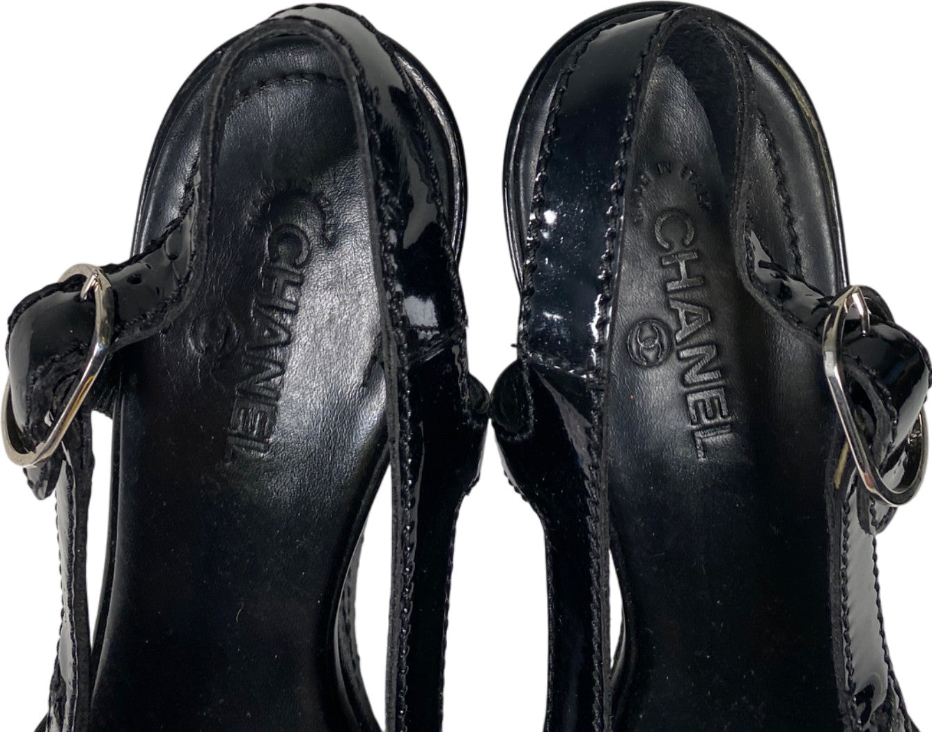 CHANEL Women’s Black Patent Leather Open Toe Wedge Sandals - 36/US 5.5