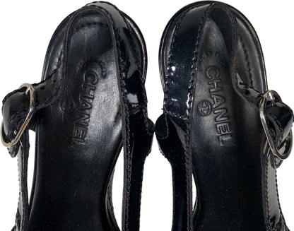 CHANEL Women’s Black Patent Leather Open Toe Wedge Sandals - 36/US 5.5