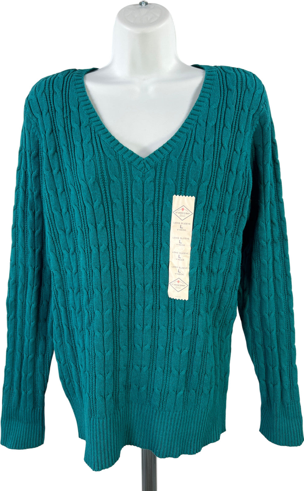 St.Johns Bay Women’s Blue Cable Knit Long Sleeve V-Neck Sweater - L