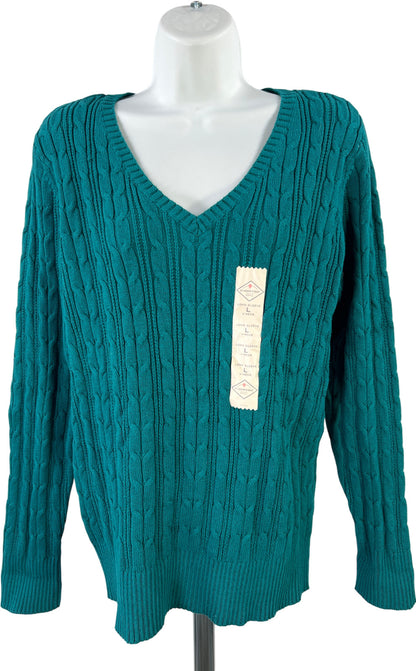 St.Johns Bay Women’s Blue Cable Knit Long Sleeve V-Neck Sweater - L