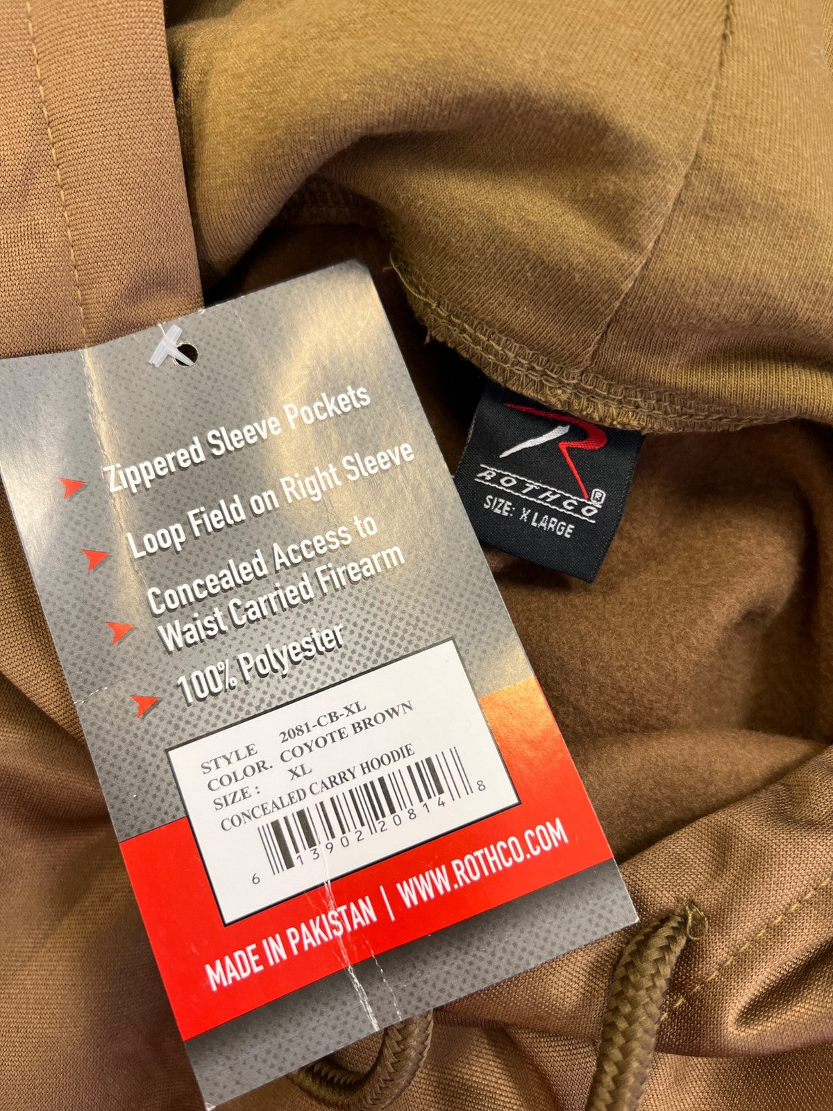 Rothco Men’s Brown Long Sleeve Tactical Concealed Carry Hooded Sweatshirt - XL